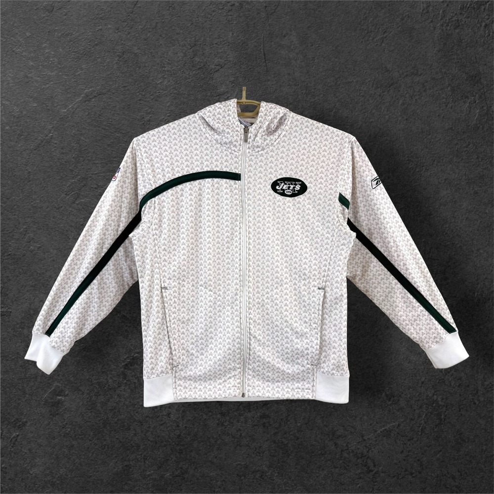 Reebok NFL New York Jets Authentic Sideline Full Zip Hoodie White Green Mens L